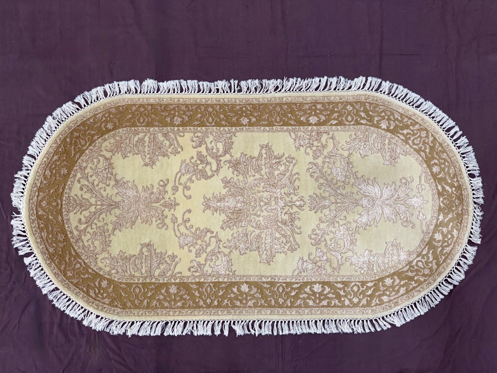 Vintage Hand Knotted Wool Rug Oval Beige-Gold Damask Bedside Rug 70×140