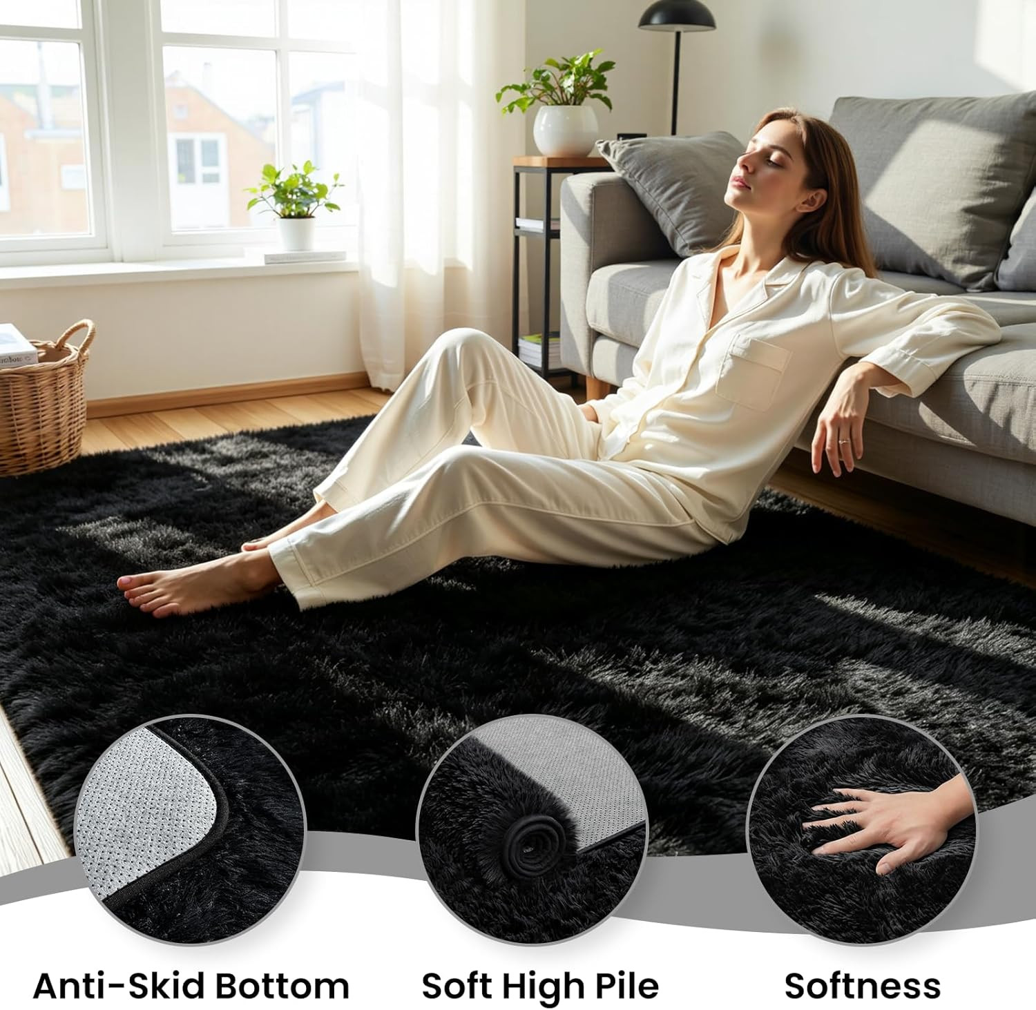 8X10 Area Rug for Living Room, Ultra Soft Fluffy Black Rugs for Bedroom, Non Sli