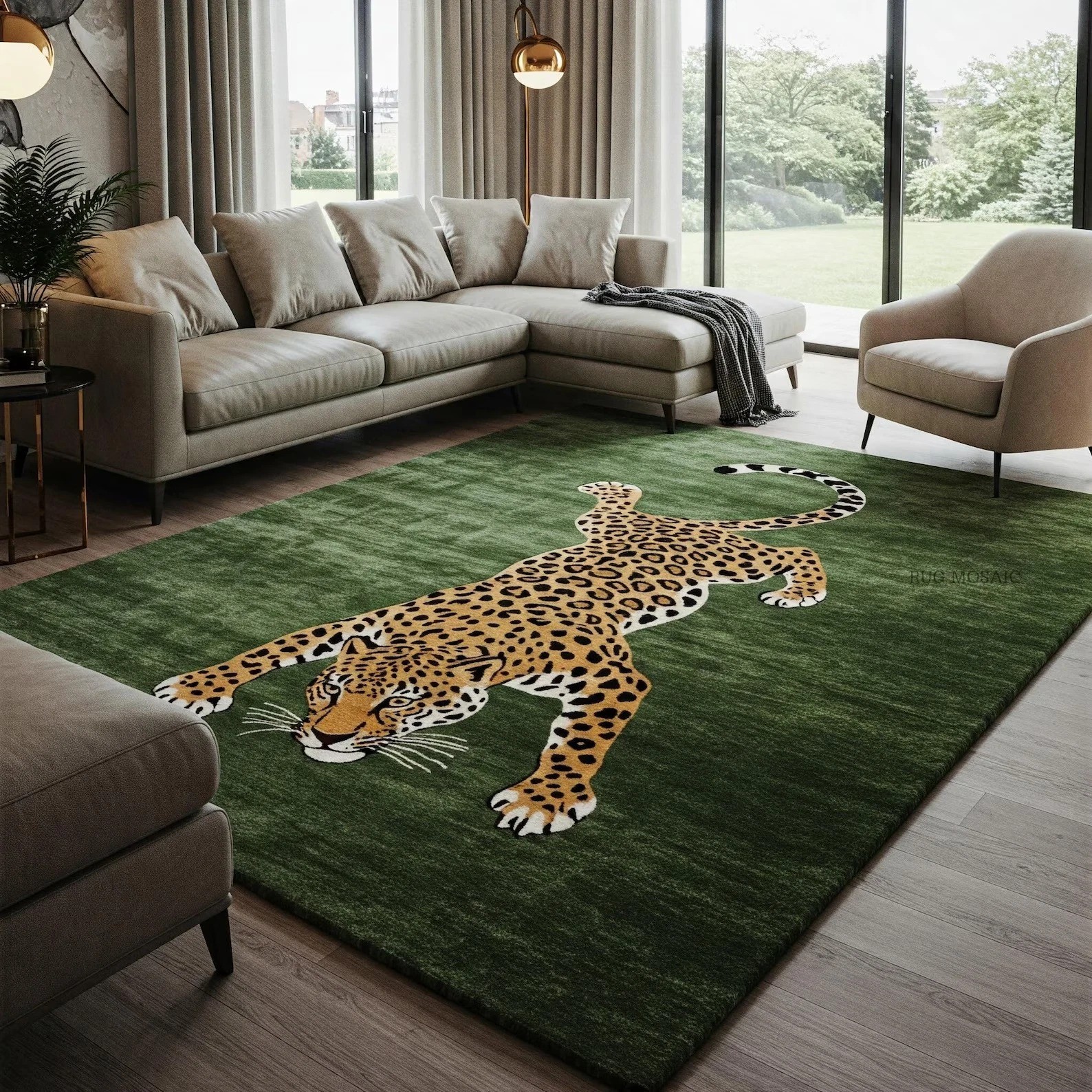 Hand Tufted Leopard Wool Area Rug 8×10 Green Modern Animal Print Handmade Rug