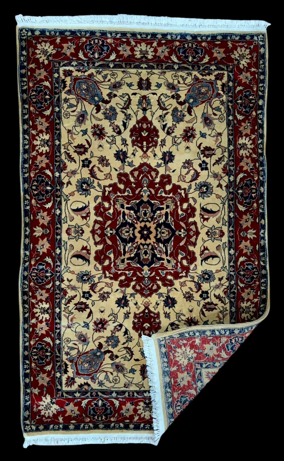 Vintage 3×5 Handmade Wool Floral Burgundy Tan Ivory Pink Navy Blue Medallion Rug