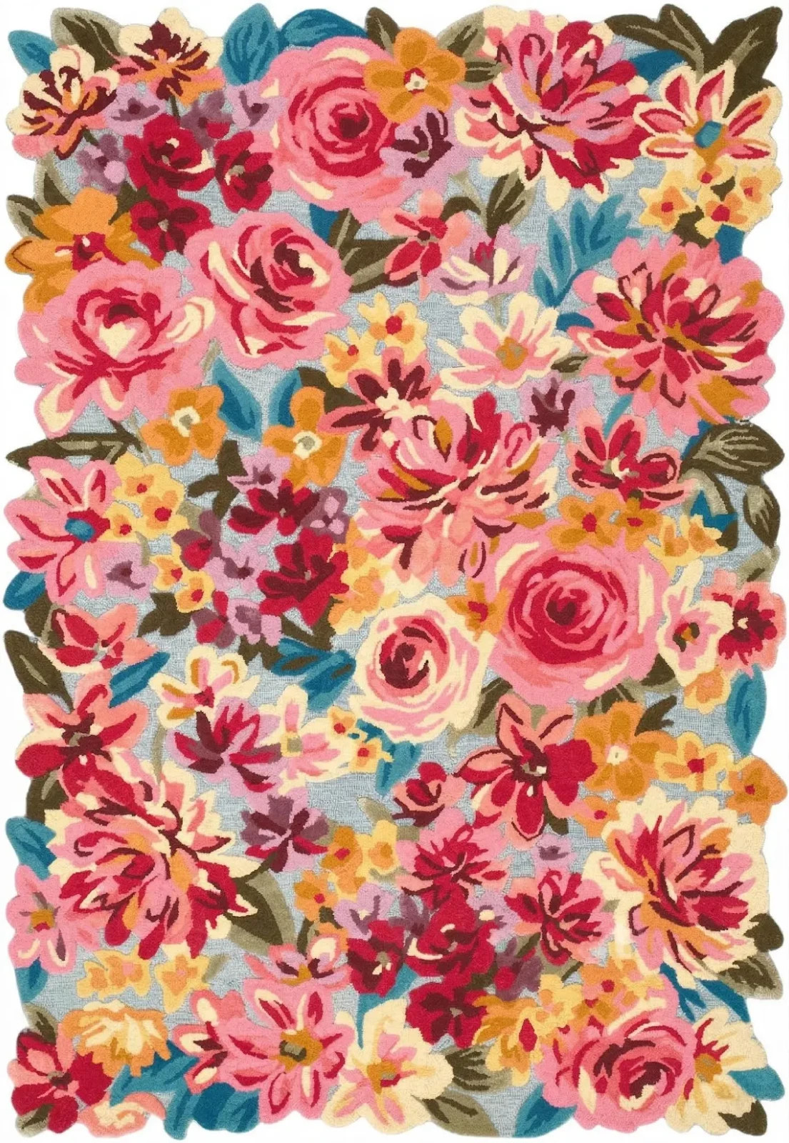 Hand Tufted Wool & Silk Area Rug, Colorful Botanical Floral Design, Boho Carpet