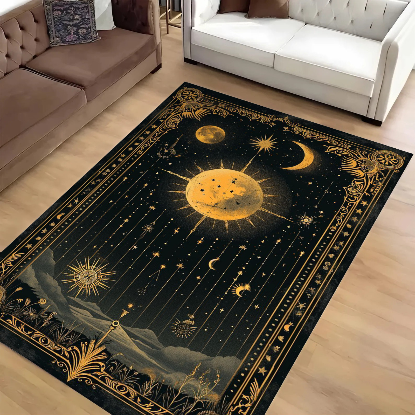 Celestial Sun Moon Stars Area Rug Vintage Gothic Non-Slip Living Room Carpet