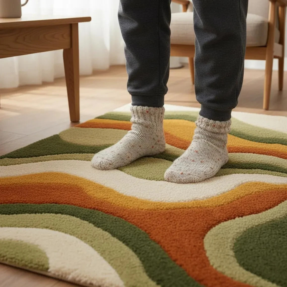 Large Wavy Area Rug — Retro Boho Shag Tufted Rug, Mid-Century Modern Living Room