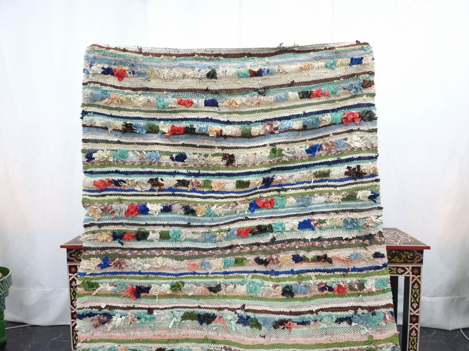 Moroccan Handmade Vintage Boucherouite 4’x7’8″ Berber Solid Green Red Cotton Rug