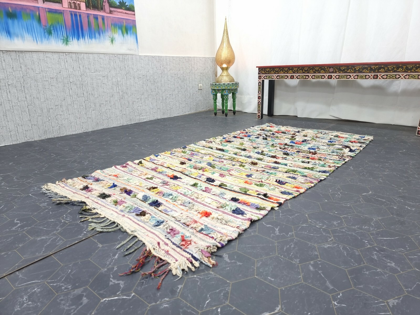 Moroccan Handmade Vintage Boucherouite 4’x7’8″ Berber Solid Green Red Cotton Rug