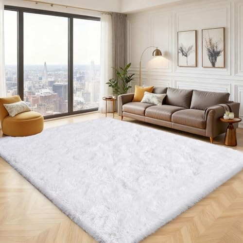 Rezutan Large 8×10 Area Rug – White Soft Shag Rugs for Bedroom