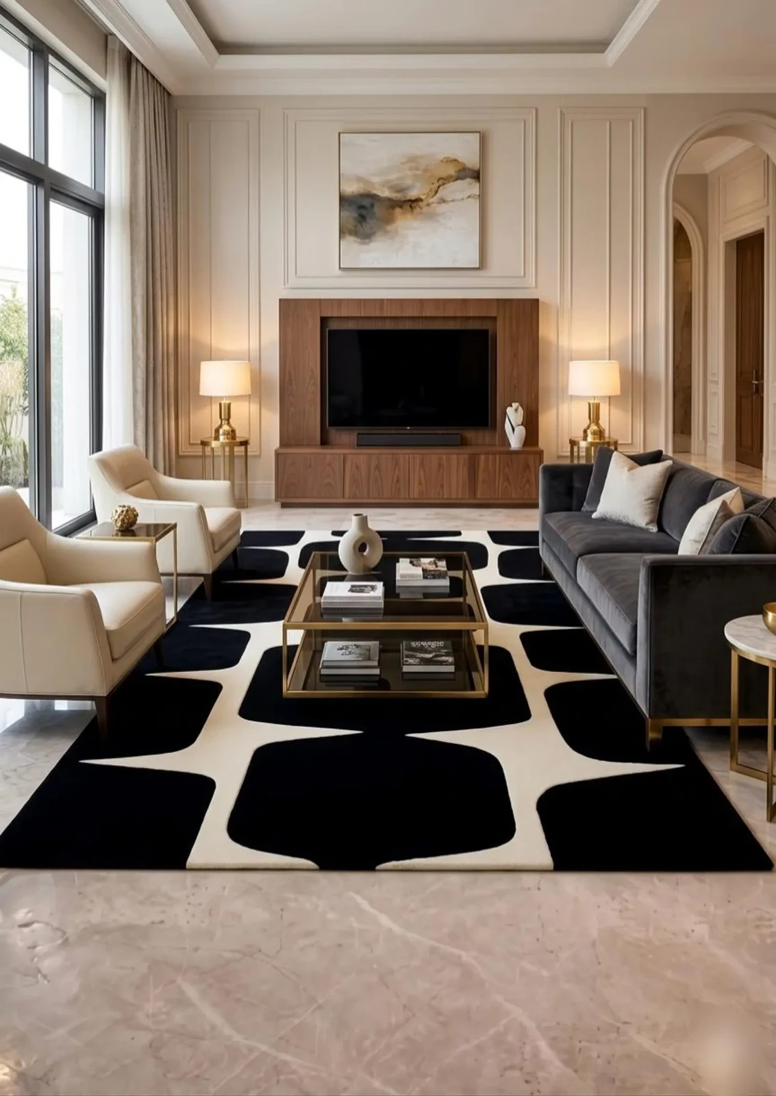 Black White Abstract Area Rug, Handmade Tufted Rug, Modern Geometric Carpet 9×15