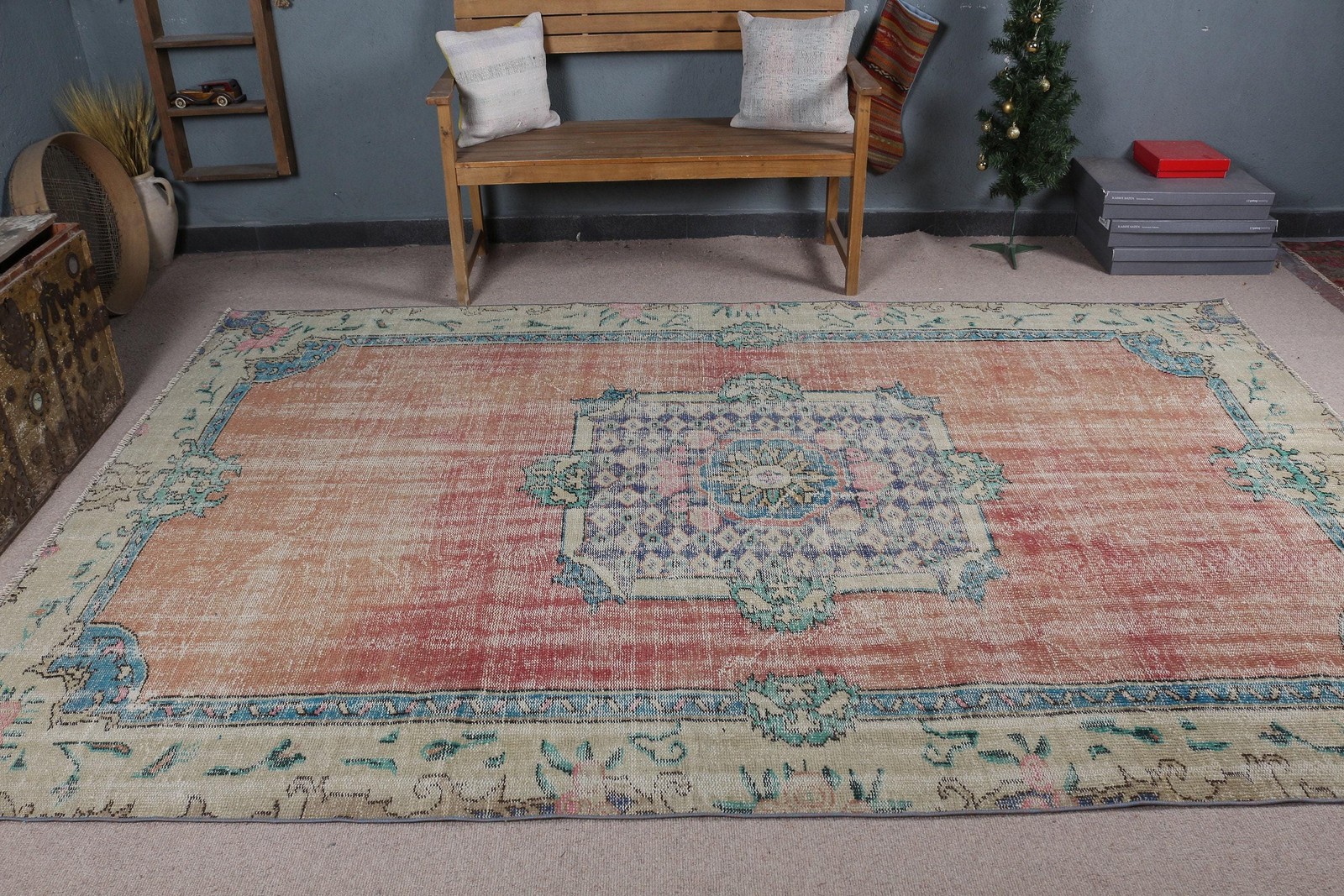 6,5×9,9 ft Turkish Rug, Vintage Large Rug, Red Blue Floral Rug