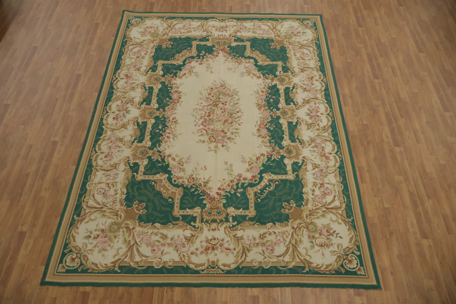 Green Needle-Point Area Rug 9×12 Elegant Victorian Aubusson Tapestry Chinese Rug