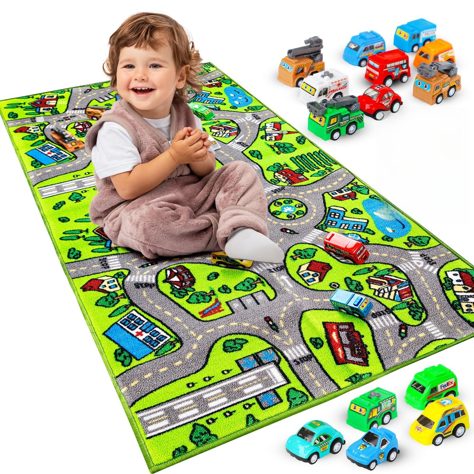 Kids Rug Carpet Playmat, w/14 Pull Back Cars Included – City Life Learn, Have…