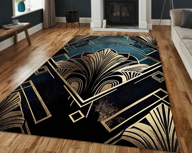 Art Deco Rug, Navy Blue Gold Striped, Abstract Rug, Modern Art Rug, Salon Kitche