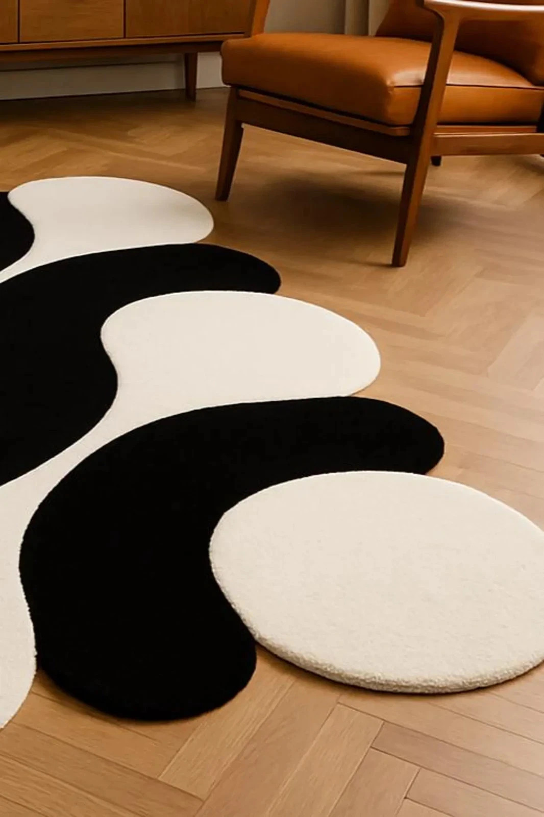 Modern Abstract Black and White Wavy Rug Irregular Contemporary Carpet
