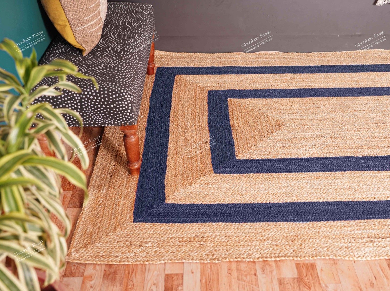 Handmade Jute rug beige with Navy Blue Border Vintage area Rugs for home decor