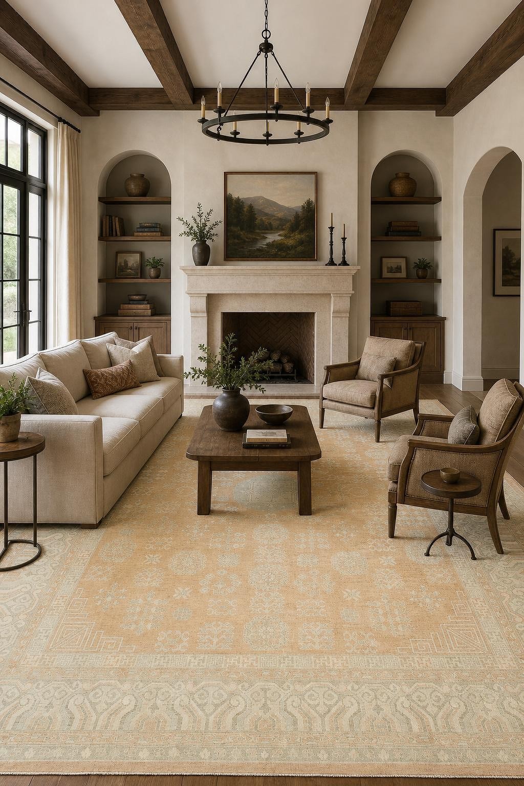 Luxurious Soft Tone Peach & Cream 12×15 Oushak Palace Wool Area Rug