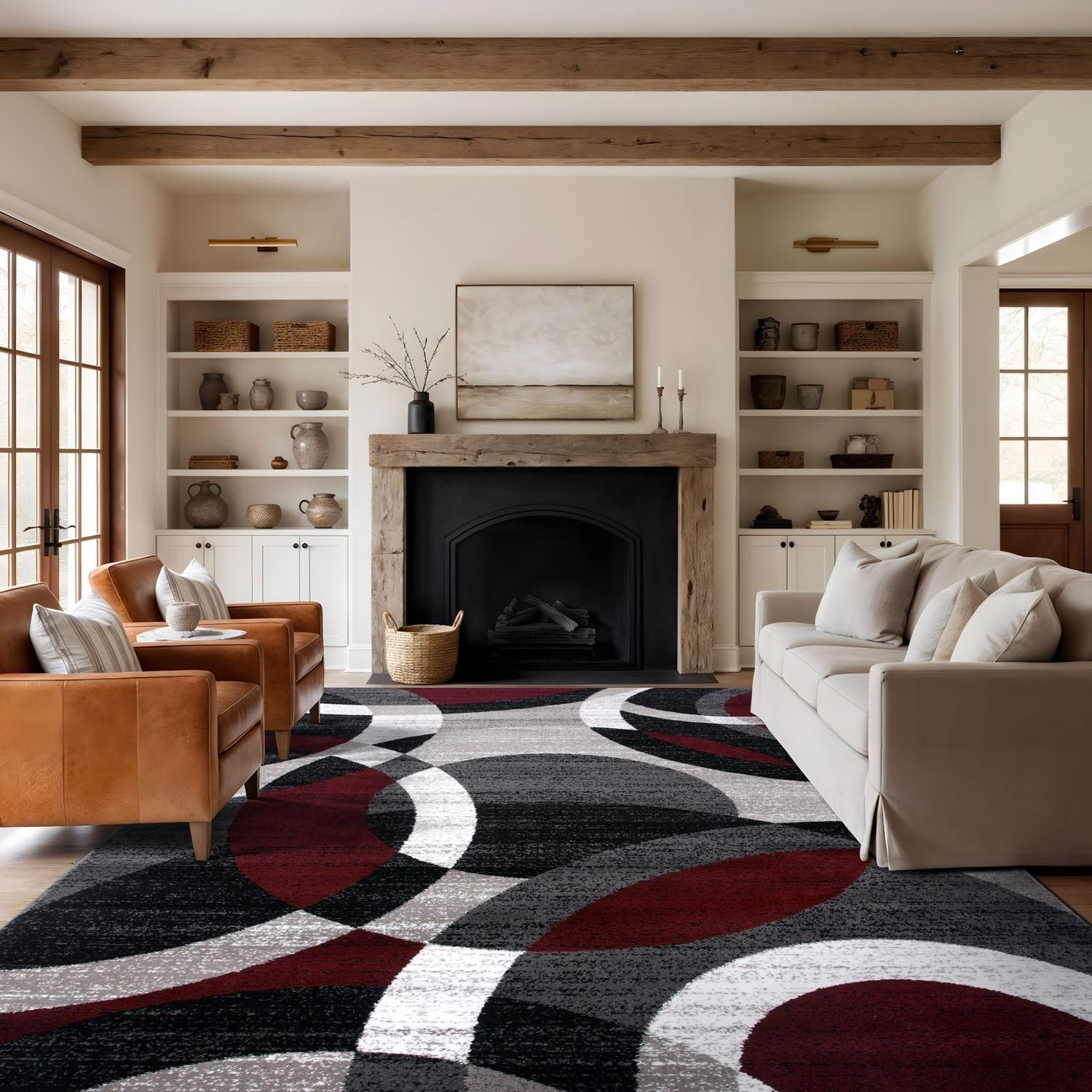 Red Modern Geometric Indoor Area Rug, Overlapping Circle Pattern, Fade Resistant