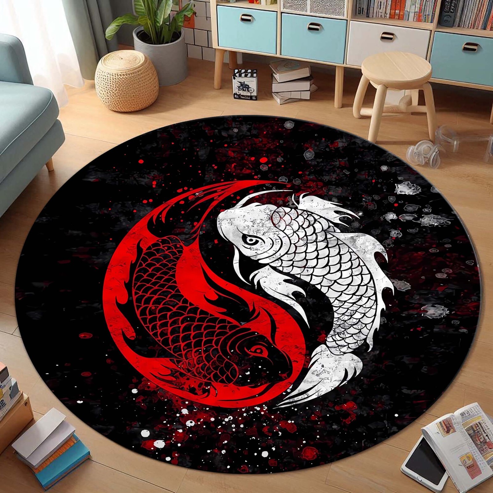 Yin Yang Koi Fish Rug, Japanese Koi Carp Carpet, Zen Round Floor Mat, Feng Shui