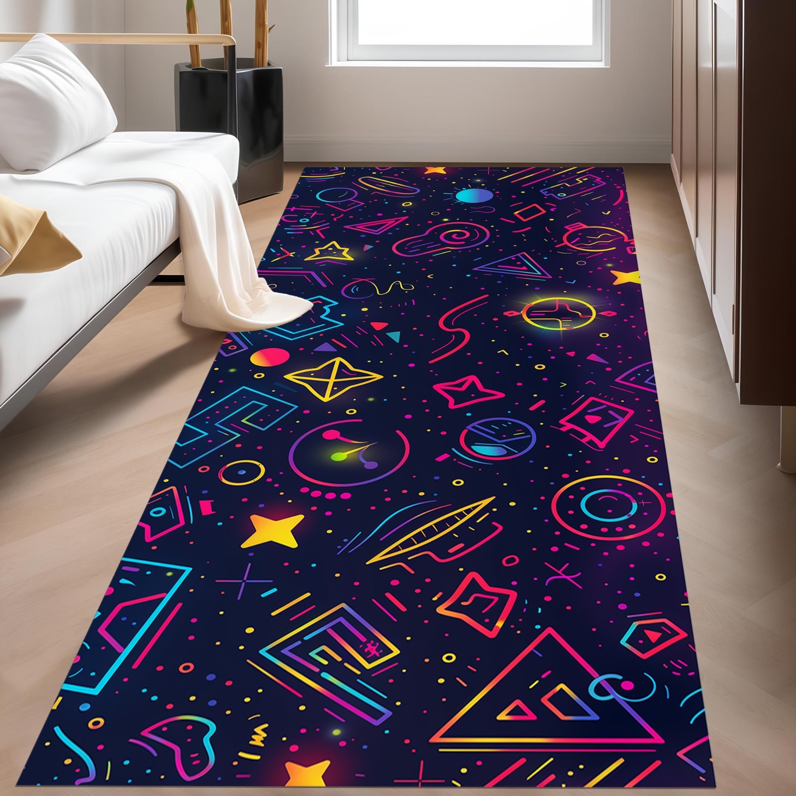 Neon Geometric Runner Rug, Abstract Pattern Rugs, Colorful Futuristic Art Carpet