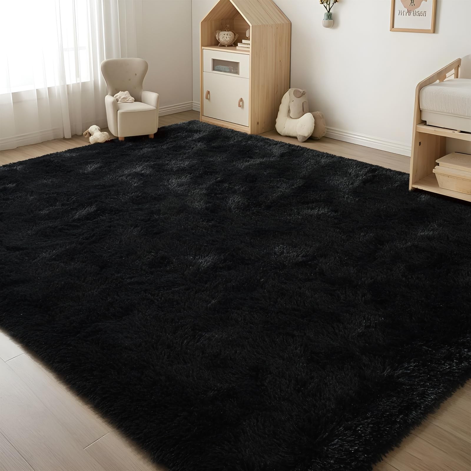 ISEAU Black Rug for Living Room, Fluffy 5×8 Feet Area Carpets Soft Shaggy Rugs