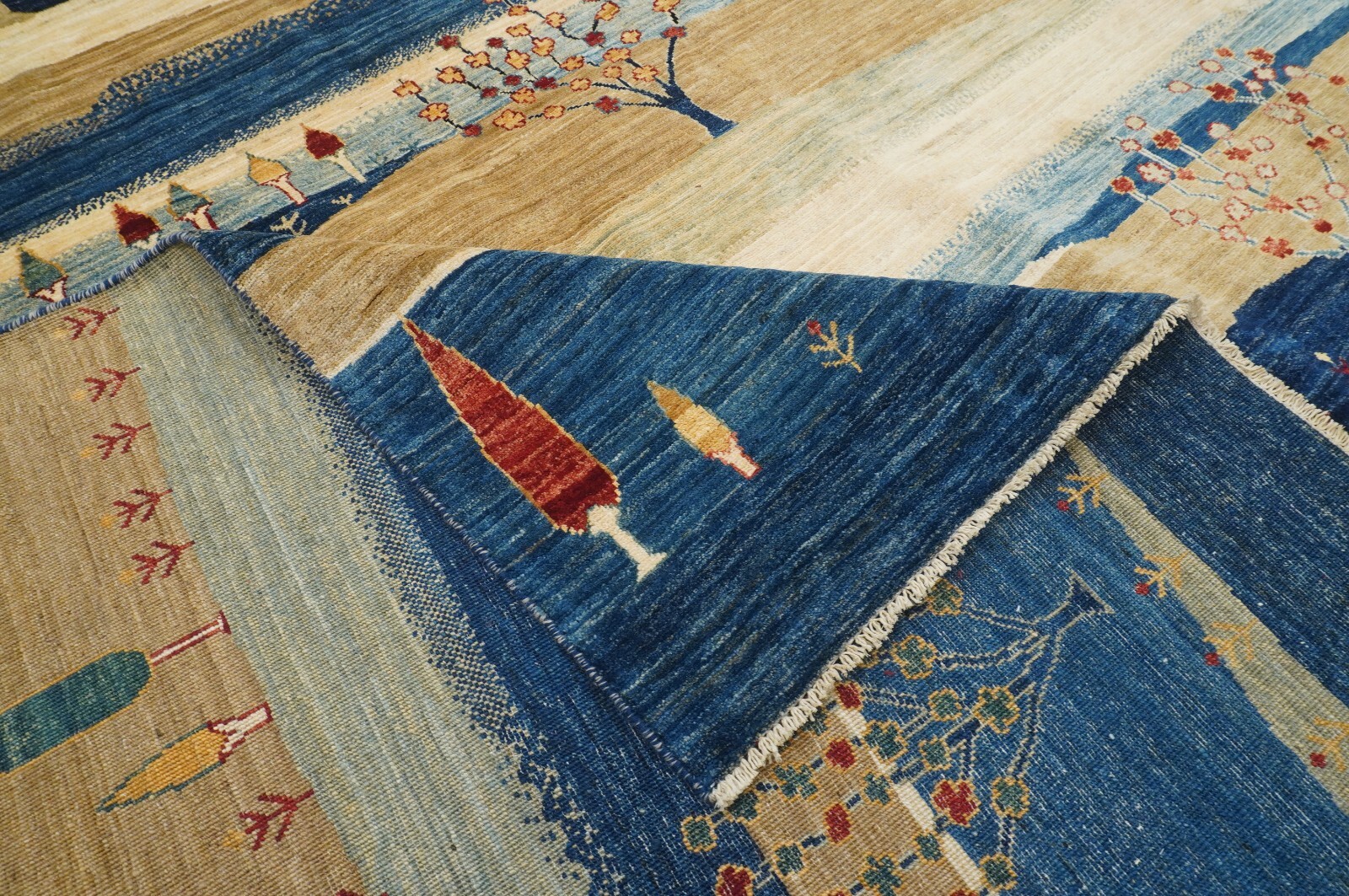 9 x 12 ft Navy Blue Beige Landscape Gabbeh Tribal Afghan Hand Knotted Area Rug