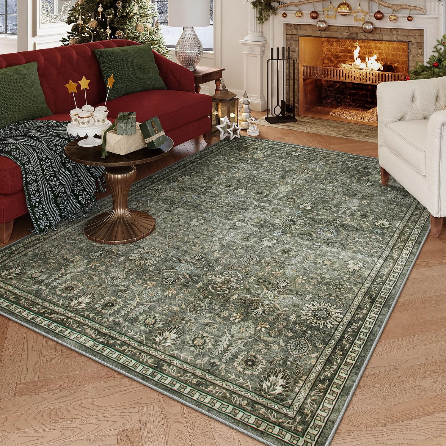 Sage Green Area Rug 6X9, Machine Washable Rugs for Living Room, Boho Vintage Sof