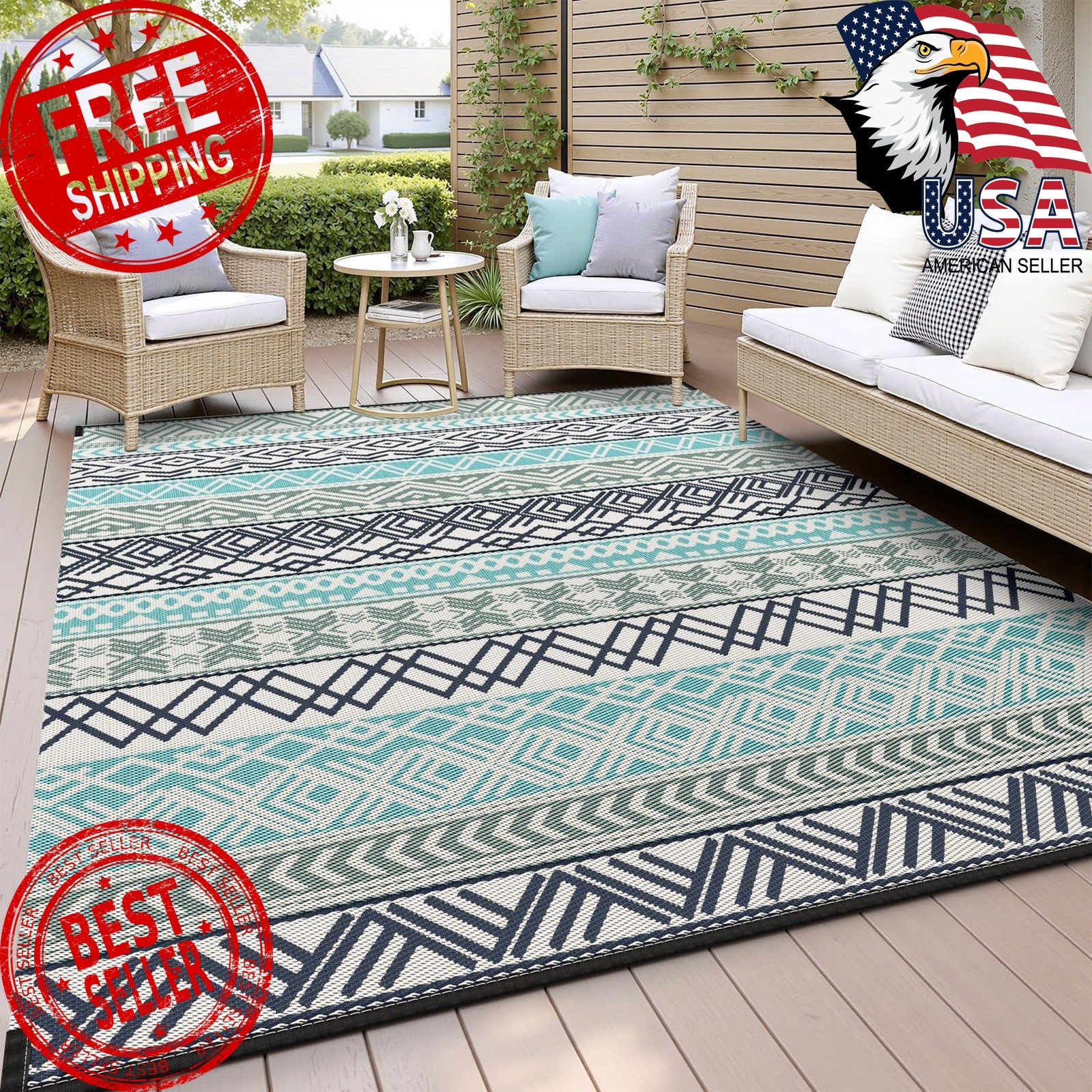 MontVoo Patio Rug 5×8 Blueandgrey Reversible