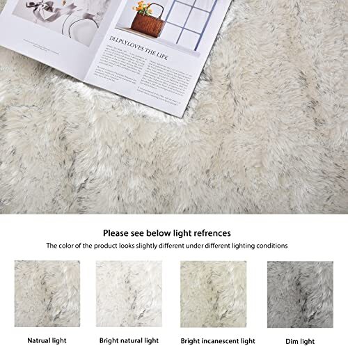 White and Grey Faux Fuzzy Fur Sheepskin 2X3 FT Rectangle White With Grey Tips