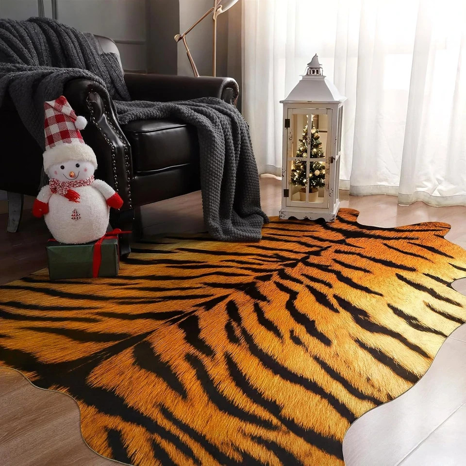 Premium Tiger Print Rug 4.6X5.2 Feet, Machine Washable Faux Fur Rug, Non-Slip An