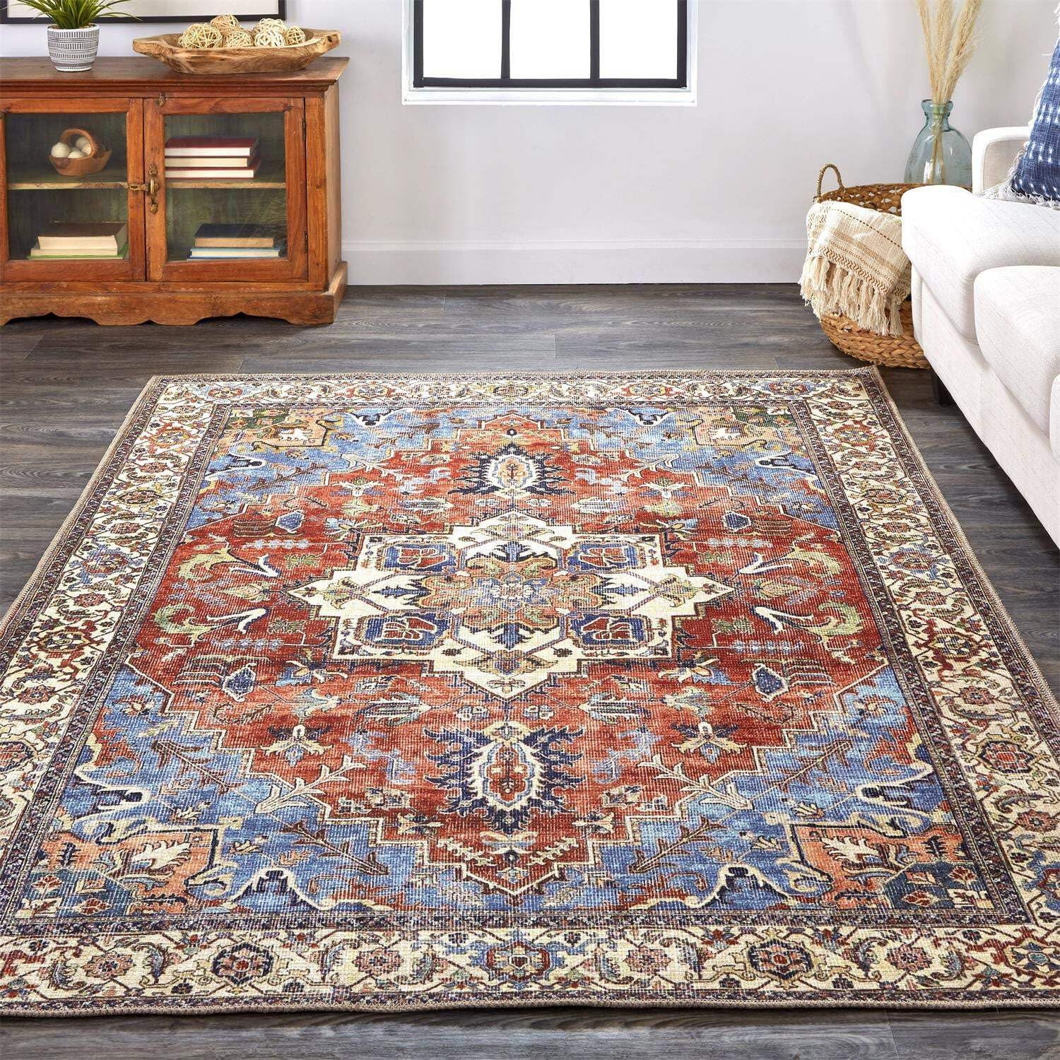 8′ X 10′ Blue Red And Ivory Floral Area Rug