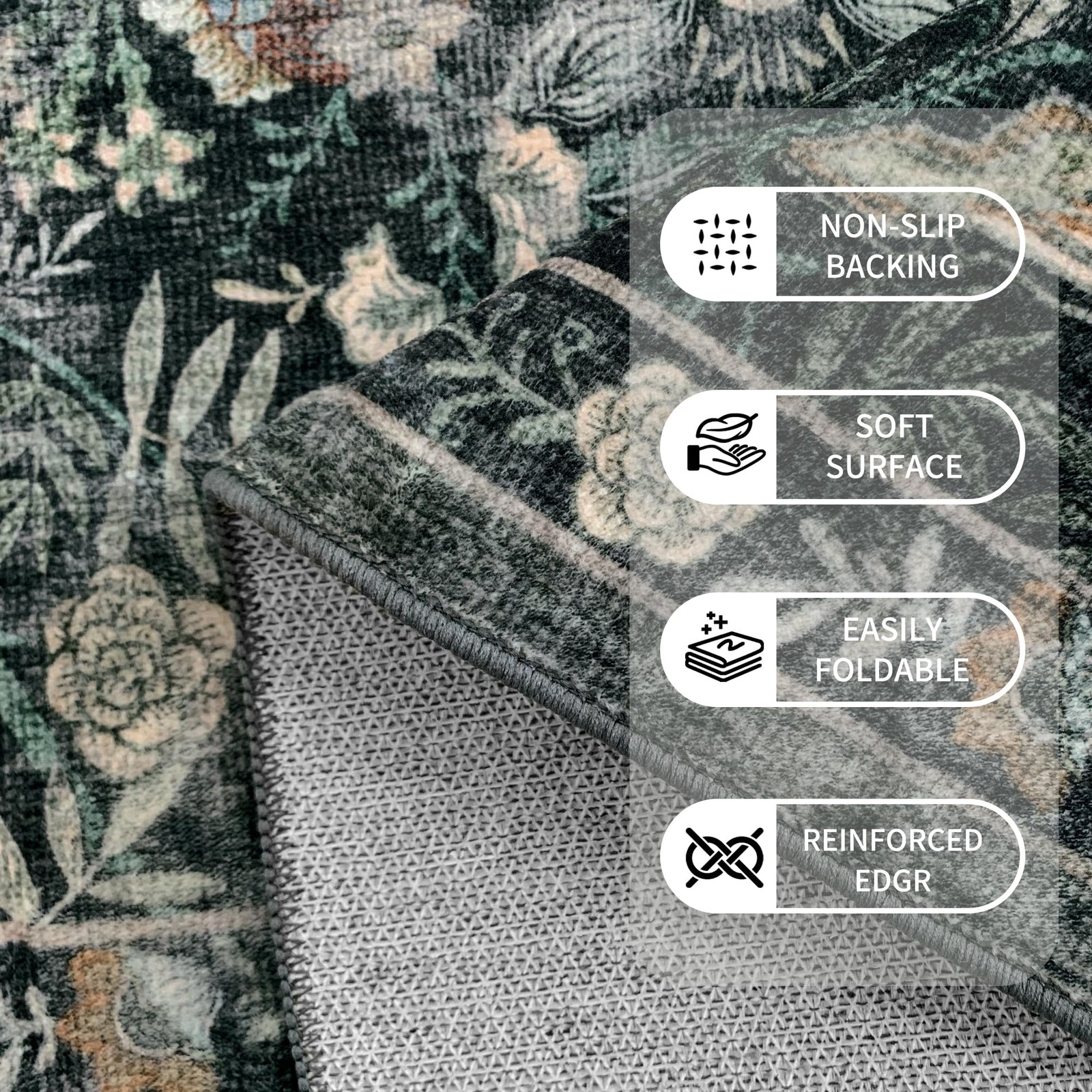Vintage Botanical Area Rug 2×3: Floral 2′ x 3′ (Rectangular), Dark Green