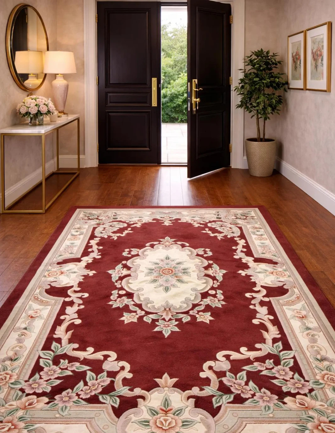 Red Hand Tufted Wool Rug Floral Medallion Design 5×7 Design, Ivory Traditional