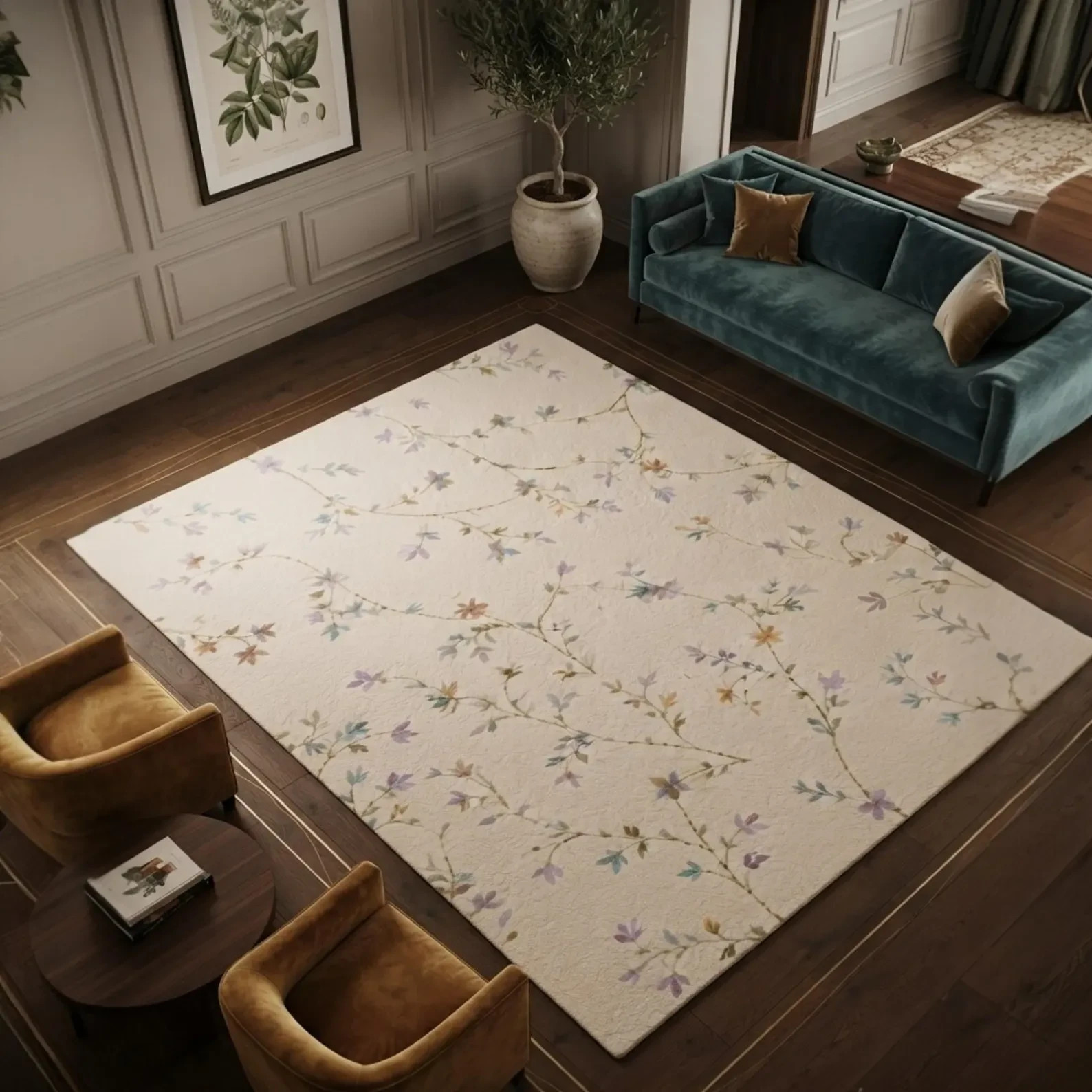 Hand Tufted Floral Wool Rug Cream Botanical Pastel Area Living Room Decor Carpet
