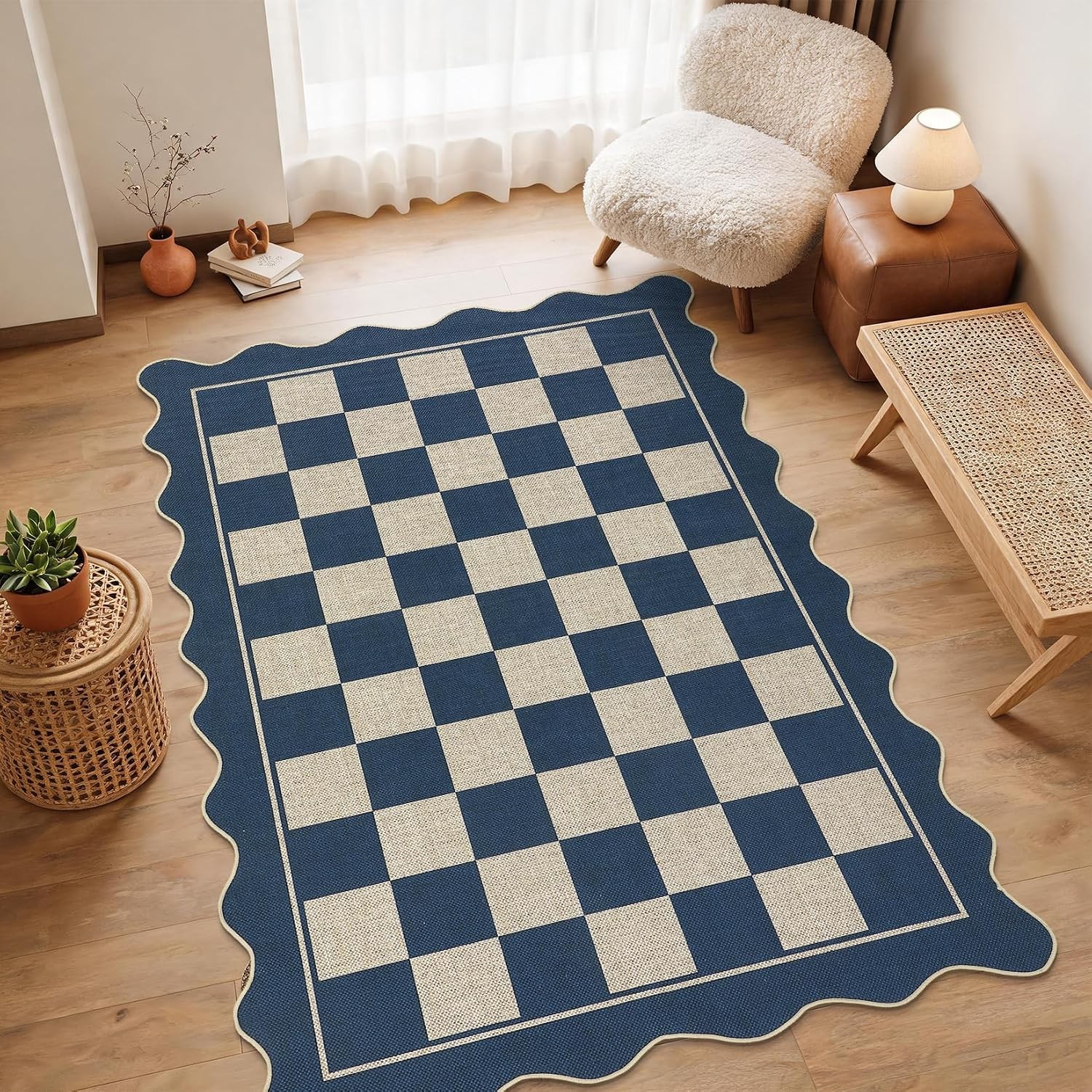Scalloped Checkerboard Coffee Jute 2×6 in Runner Rug Washable Living Room Patio