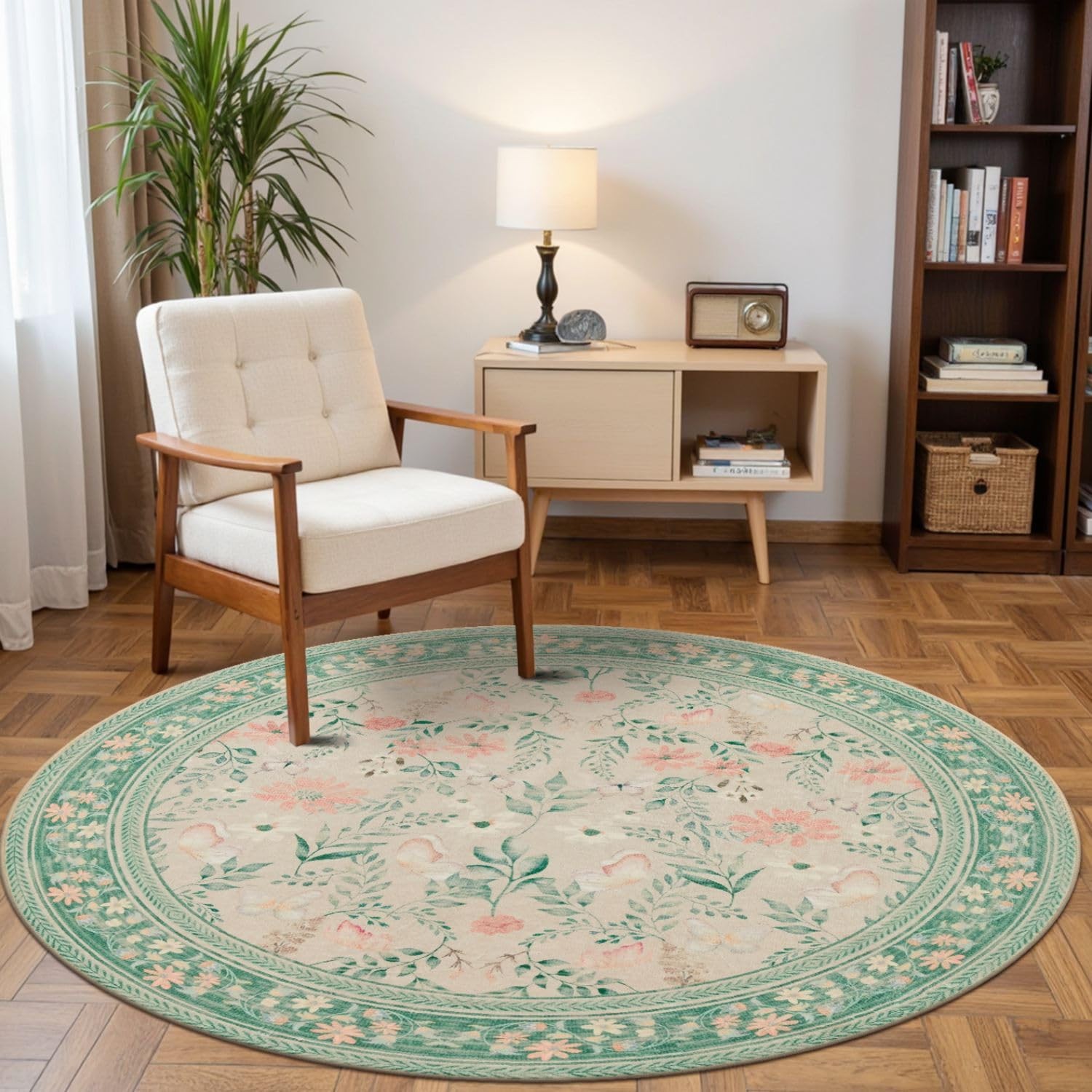 Rugxara 4ft Floral Round Rug, Washable Circle 4′ (Round), Sage Green