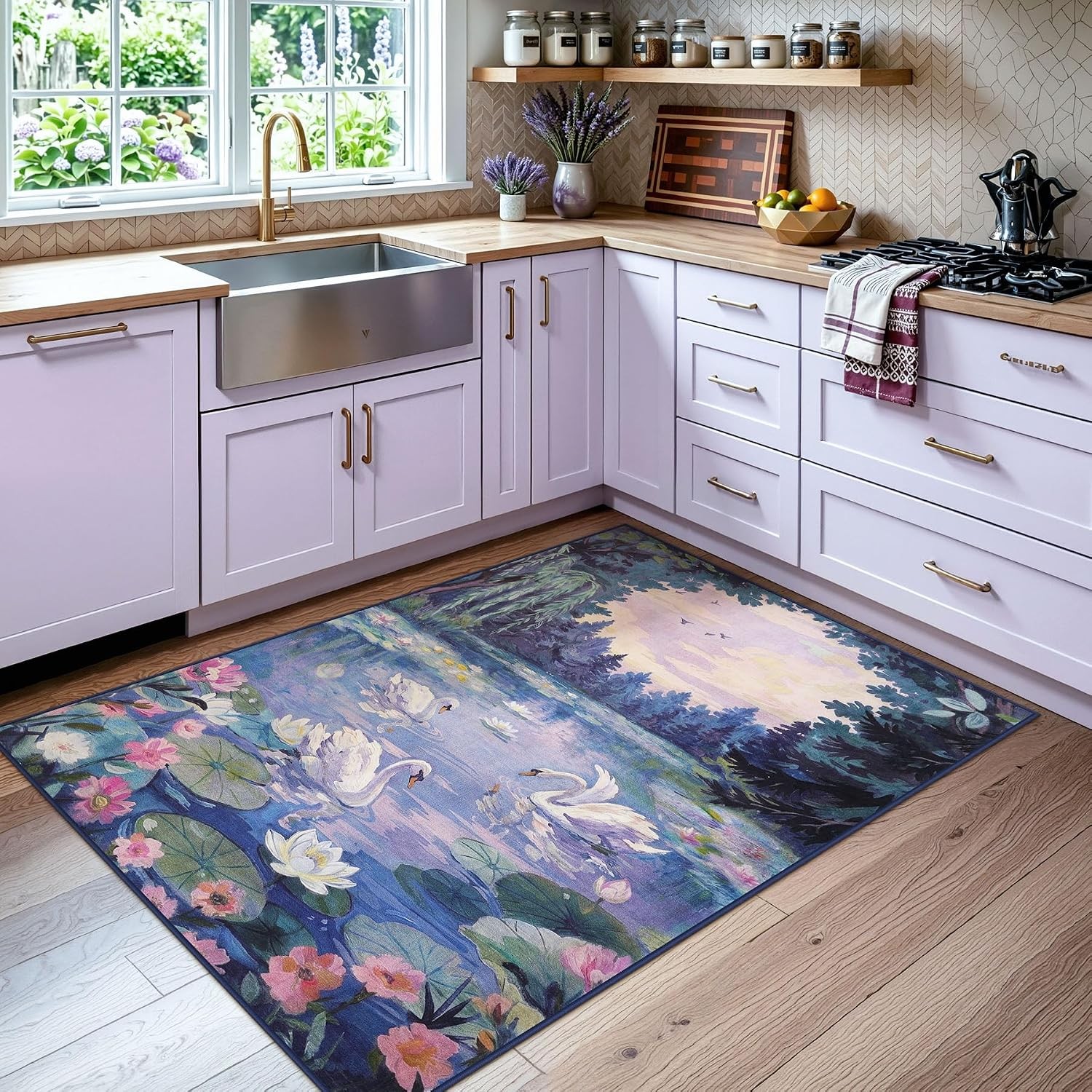 3×5/5×7 Swan Lake in oil painting style Area Rugs, Washable Soft Non Slip Carpet