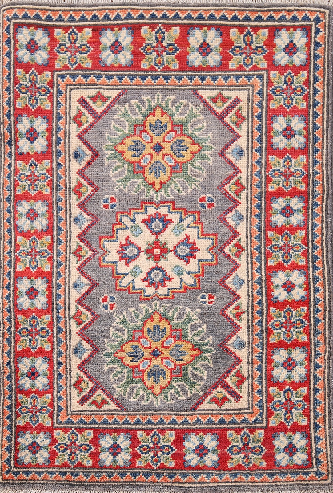 Gray Kazak Accent Rug 2×3 Hand-knotted Wool Geometric Oriental Carpet for Foyer