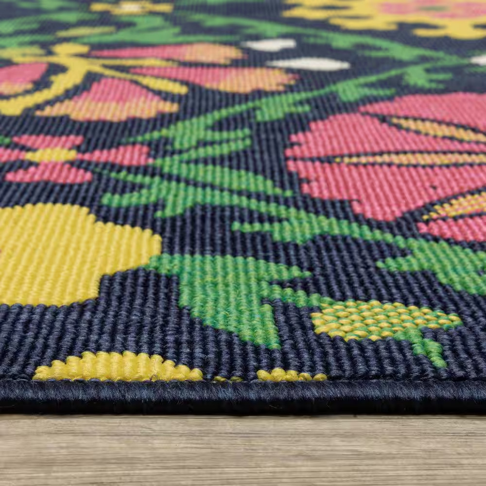 Hibiscus Navy/Multi 8 Ft. X 10 Ft. Textured Floral Lattice Polypropylene Indoor/
