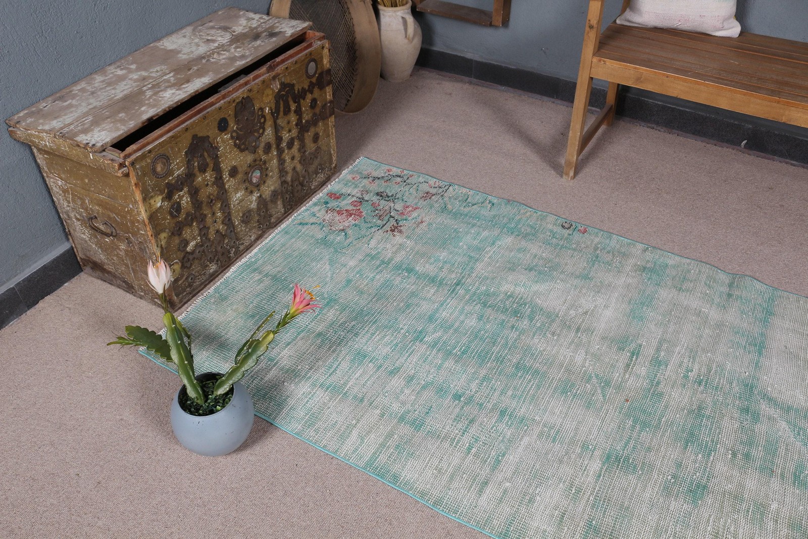 Rug, 3,5×8,3 ft Turkish Rug, Blue Animal Print Rug Wool