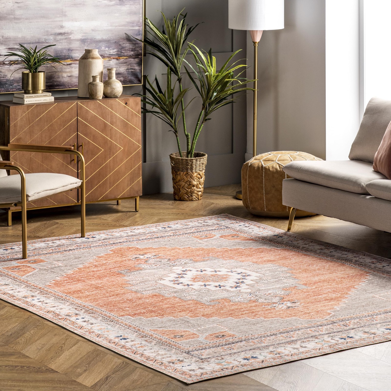 Alicia Machine Washable Medallion Area Rug, 4′ x 6′, Rust, Rectangular, 0.15″…
