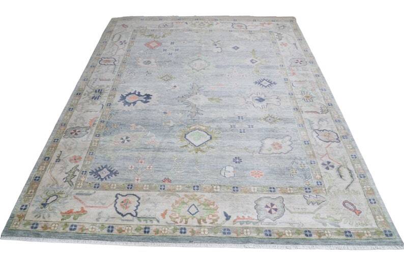 Blue Beige Hand Knotted Oushak Design Soft Wool Oversized Rug For Bedroom Home.