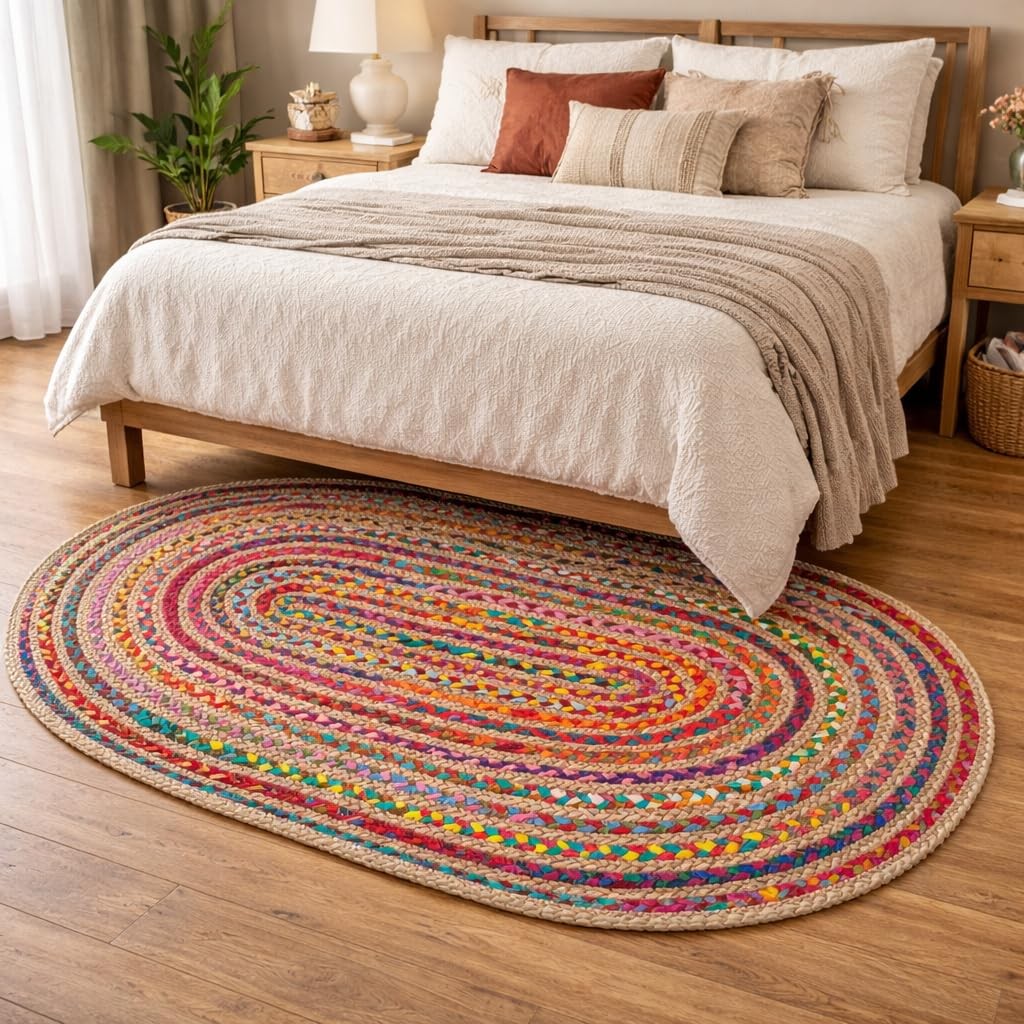 Oval Jute Cotton Chindi Rug 3’x5′ – Multicolor Braided Area Rug for Living Ro…