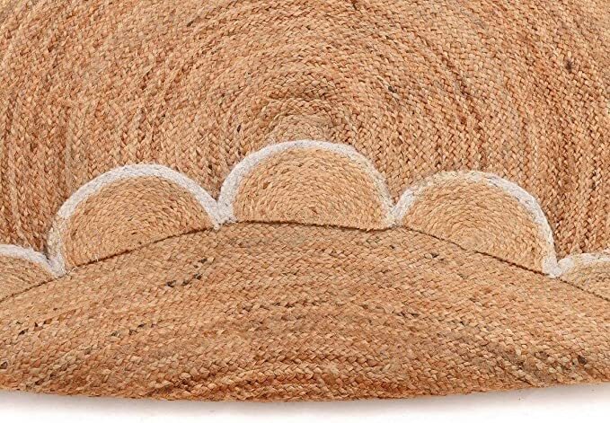 Rug Round in Jute Latest Design Handmade Jute Area Rug Beige with White Scallop
