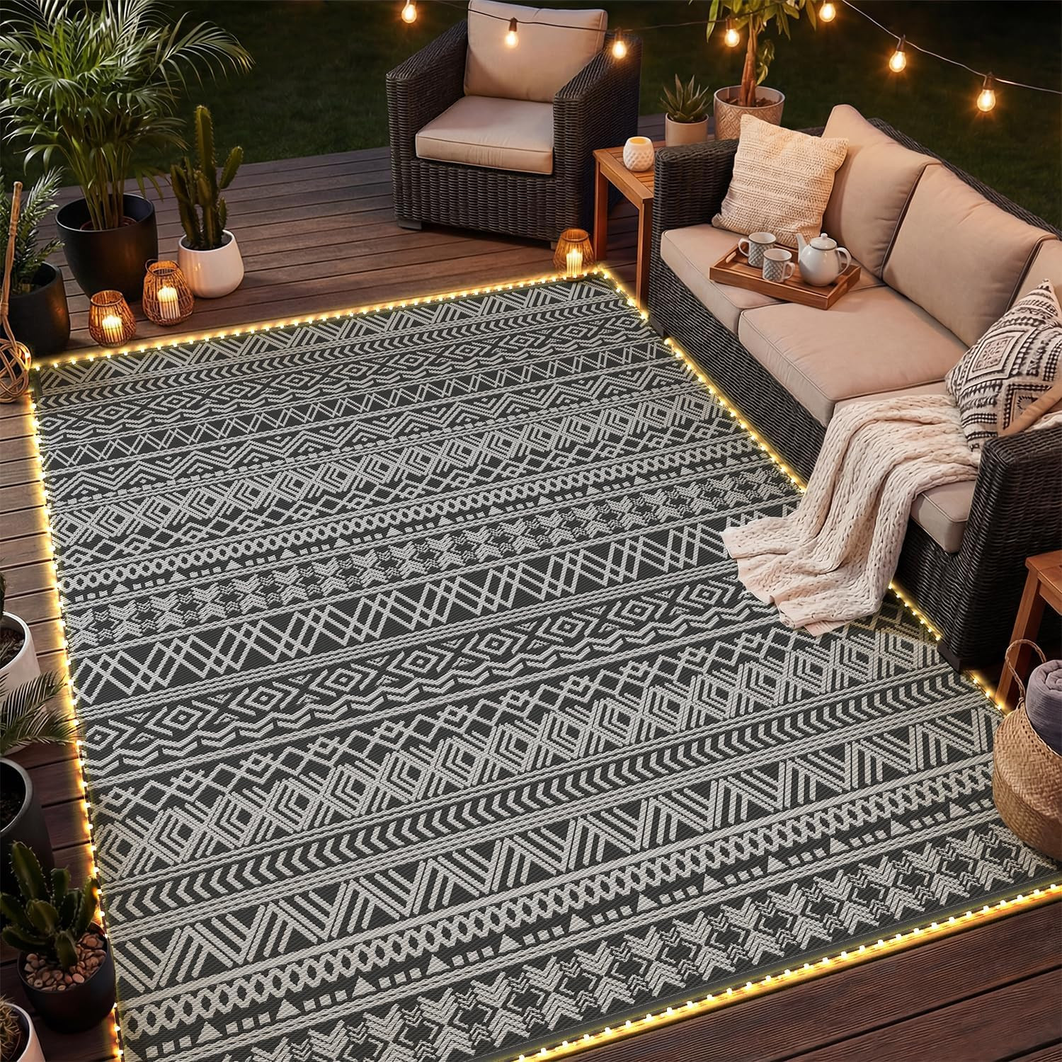 MontVoo-Outdoor Rug Carpet 8×10 ft for Patio RV Camping with Led Strip Lights Wa