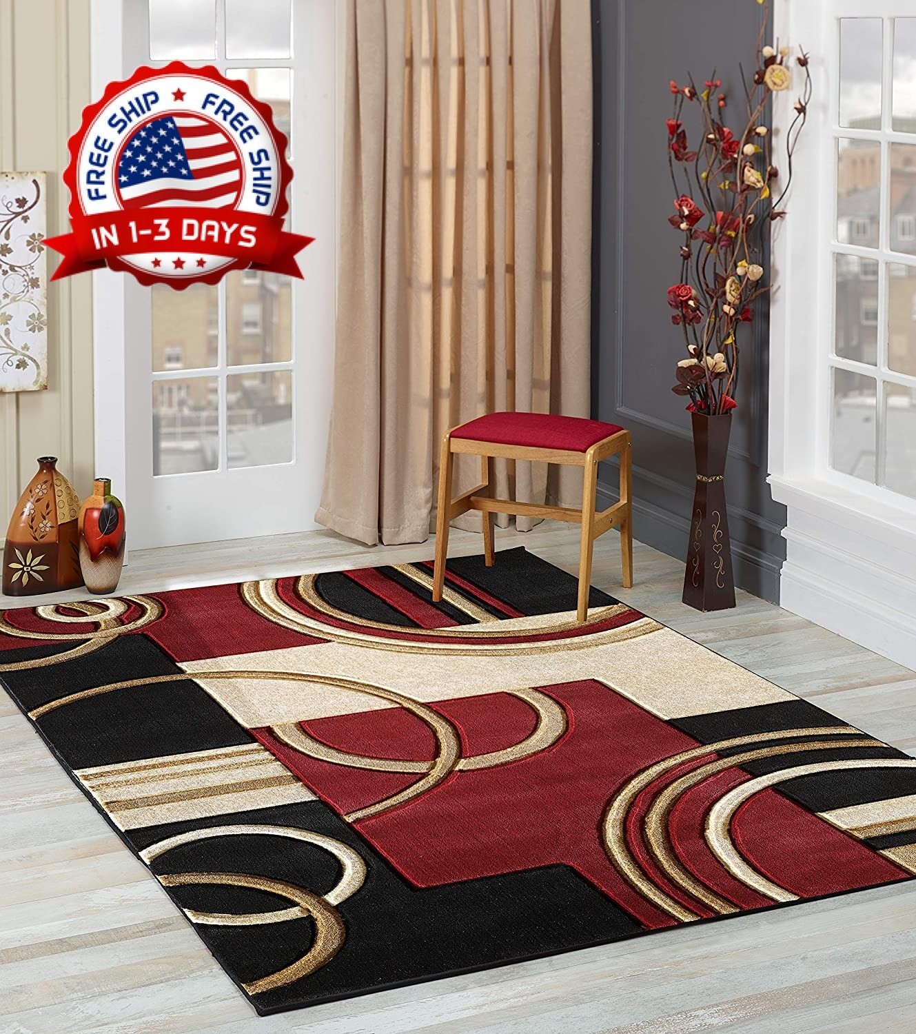 Carpetas Alfombras Para Sala De Casa Habitacion Moderna Rojo Beige 5’3” x 7’2”
