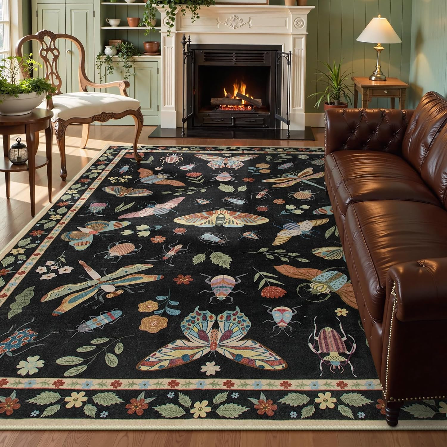 Soft Washable 9X12 Insect Area Rug, Stain Resistant Non-Slip Carpet, Black