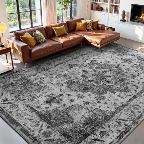 YOH Boho Washable Rug 8×10, Black Vintage Non Slip Area Rug, Distressed Indoor