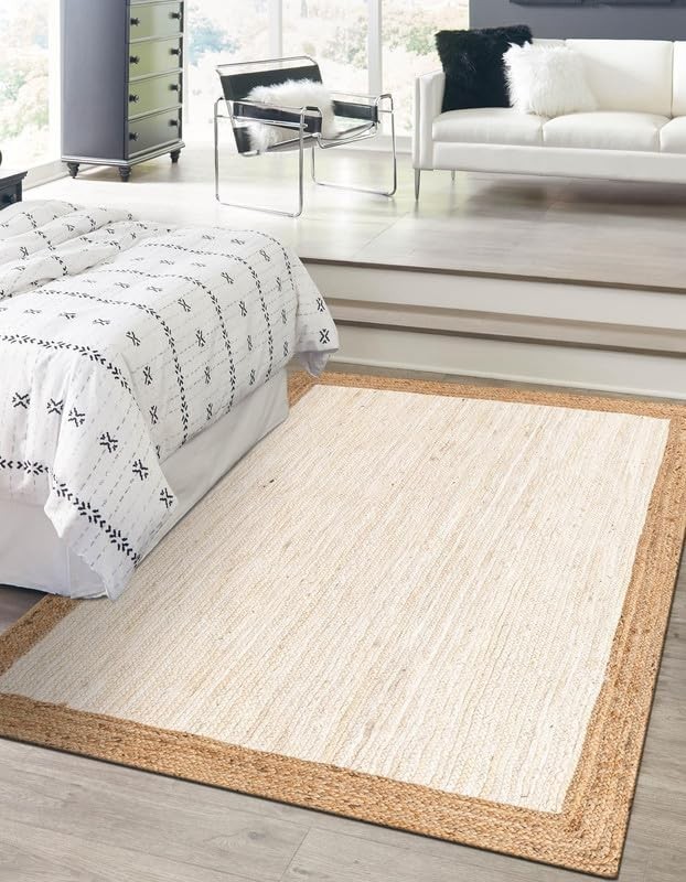 Handmade Braided Natural Jute Inner White With Natural Border Border Floor Rug