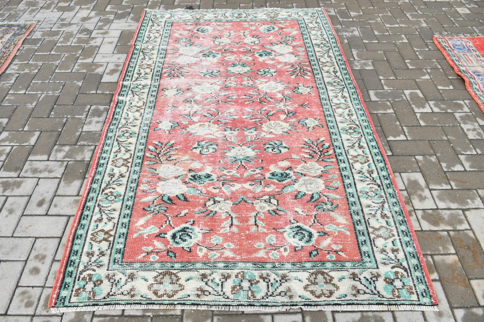 4,5×7,9 ft Rug, Vintage Turkish Rug, Red Blue Solid Wool Rug
