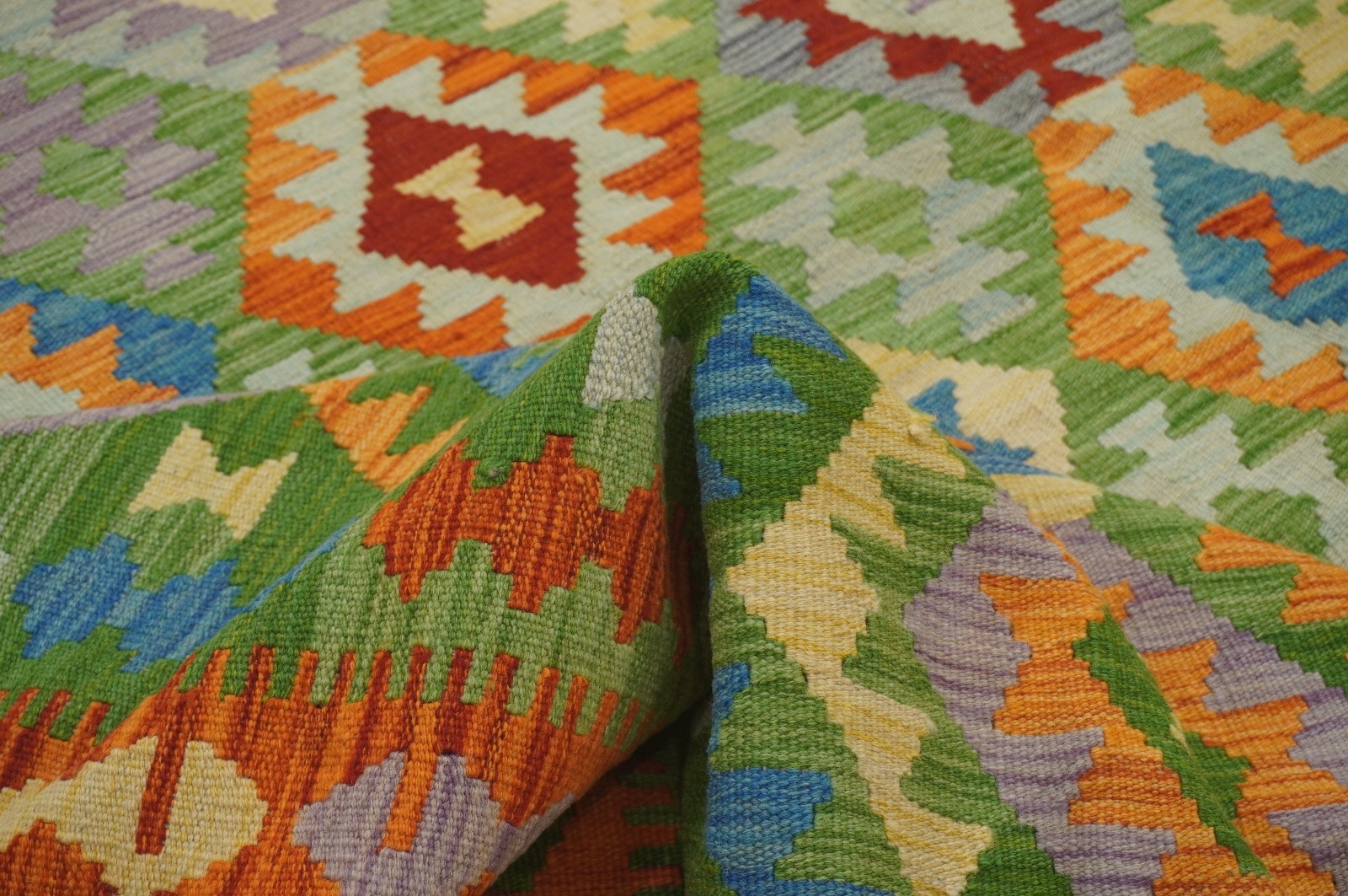 8×11 ft Green Afghan Handmade Geometric Wool Kilim Area Rug (8’4″x11’6″)