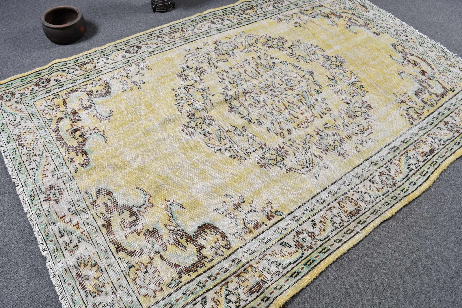 5,6×8,5 ft Rug, Vintage Turkish Rug, Yellow Ikat Rug