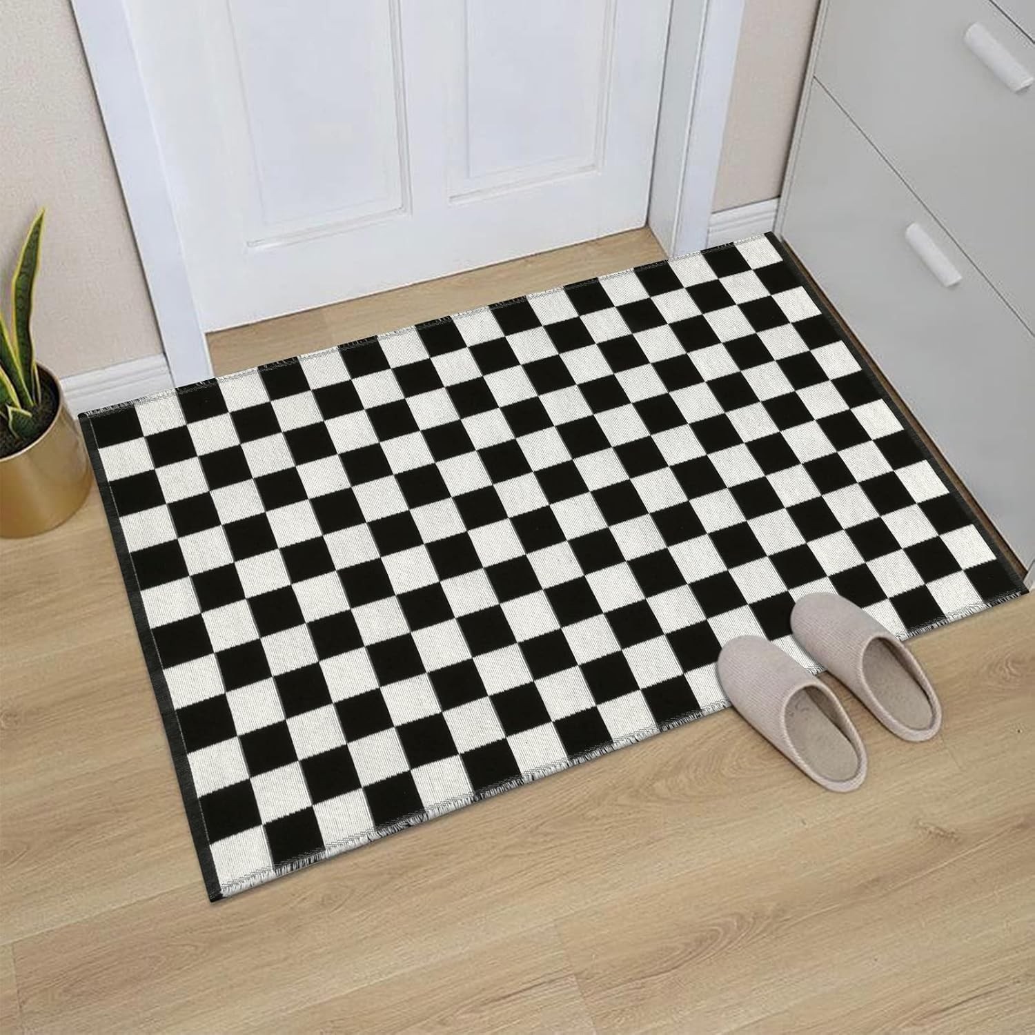 Checkered Rug 2×3 Ft Black & White Moroccan Checkerboard Rug Washable Cotton